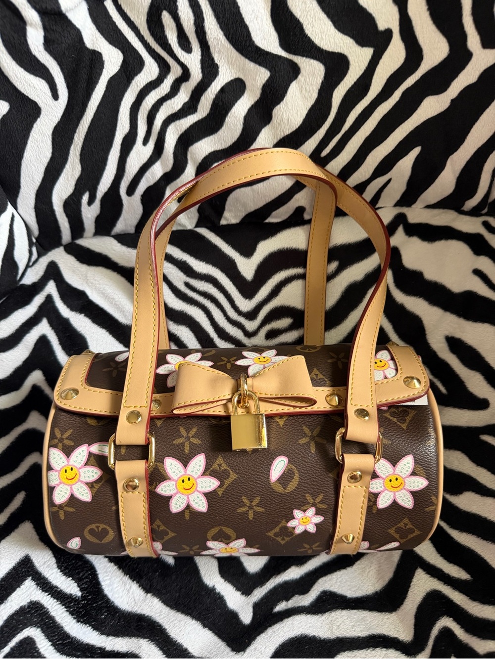 Brown Floral Cylinder Handbag with Tan Trim